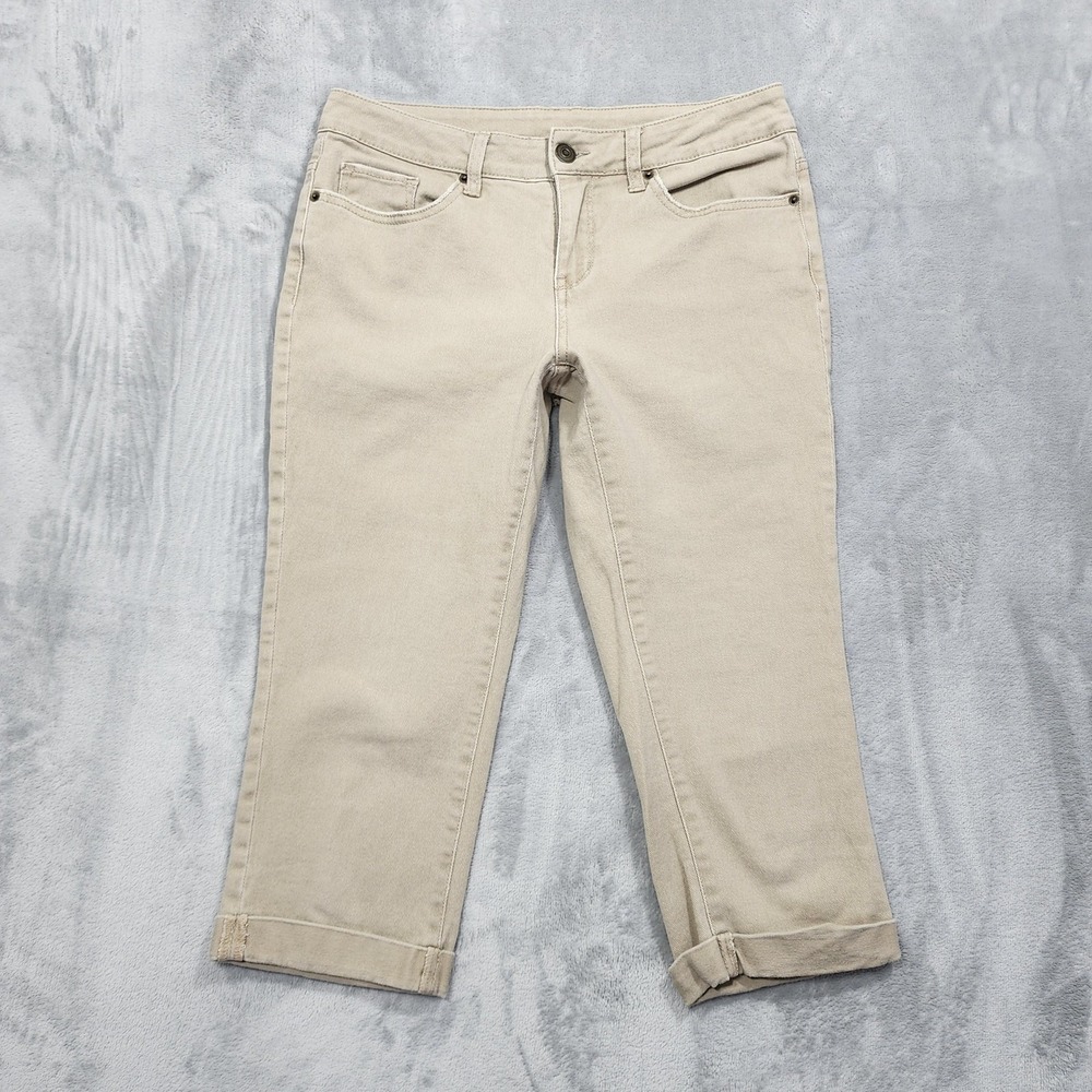 Time And‎ Tru Jeans Womens 10 Beige Mid Rise Capri Crop Cuffed Stretch Denim